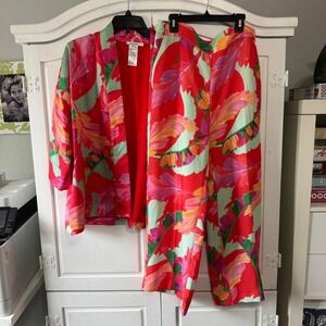 Chico's 2 Piece Set Wide Leg Pants & Jacket Resort Wear Floral Print Sz Medium